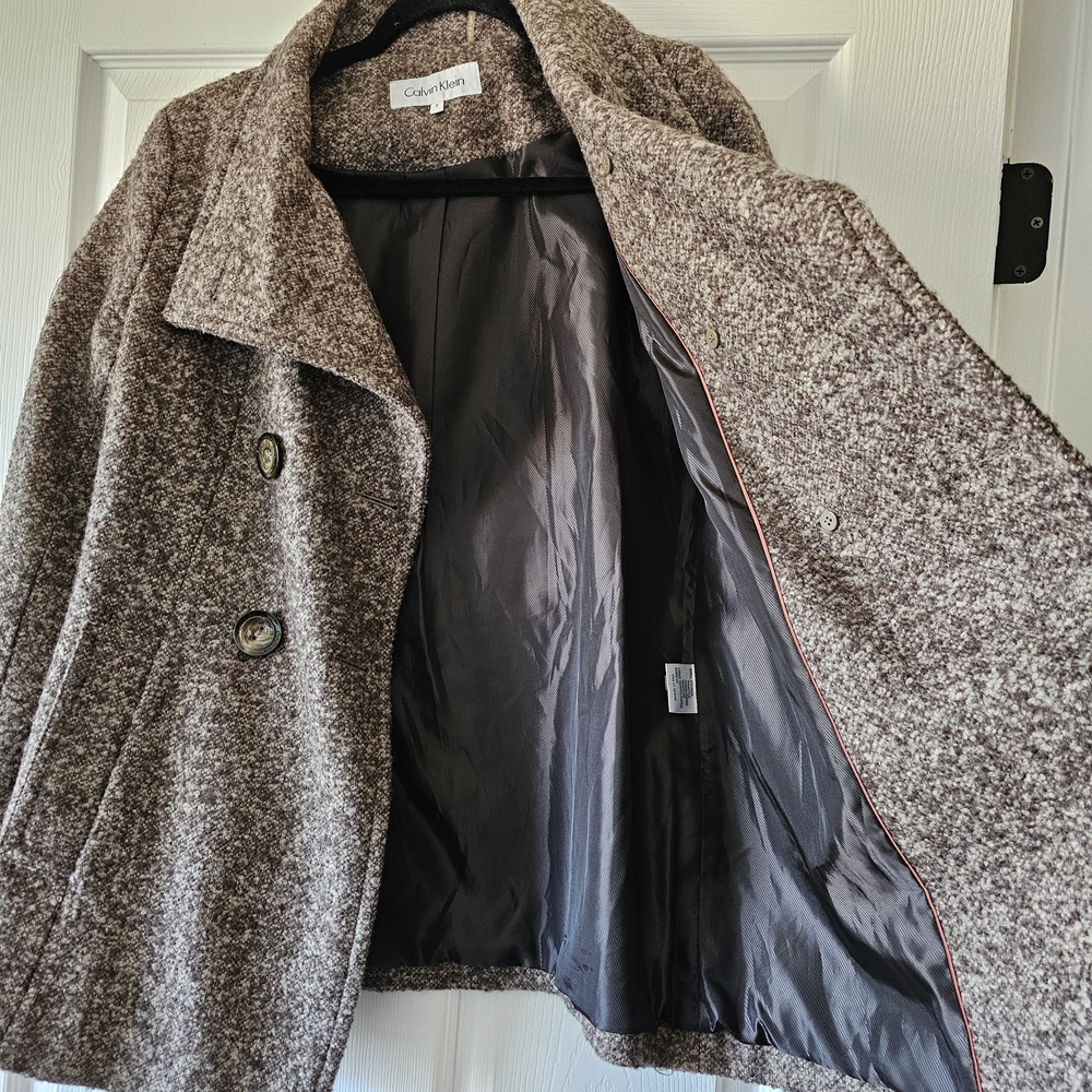 Calvin Klein Sz 2 Women's Brown Speckled Wool Weave Peacoat #97 - Picture 4 of 9